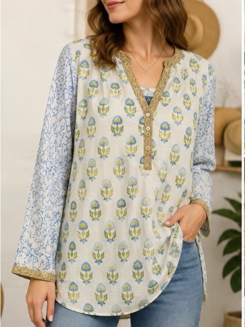 Spruce Floral Block Print Cotton Tunic Boho Blue Gold Trim